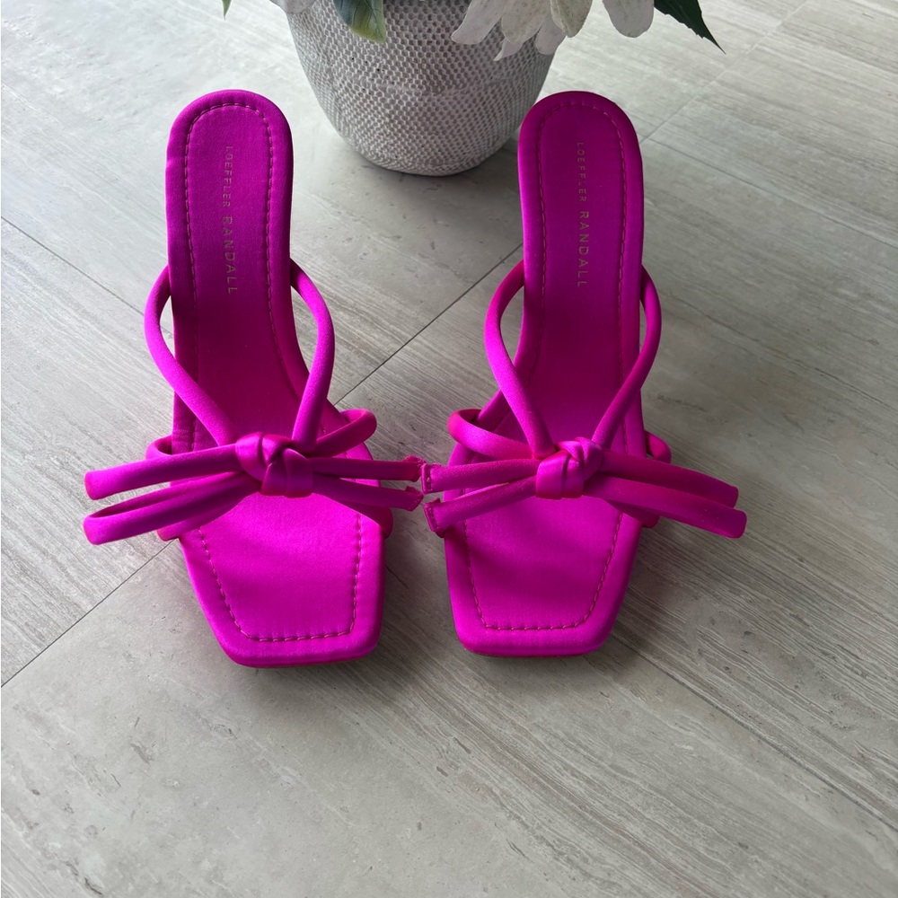 Loeffler Randall Bright Fuchsia Knotted Strap Square-Toe Heeled Mules